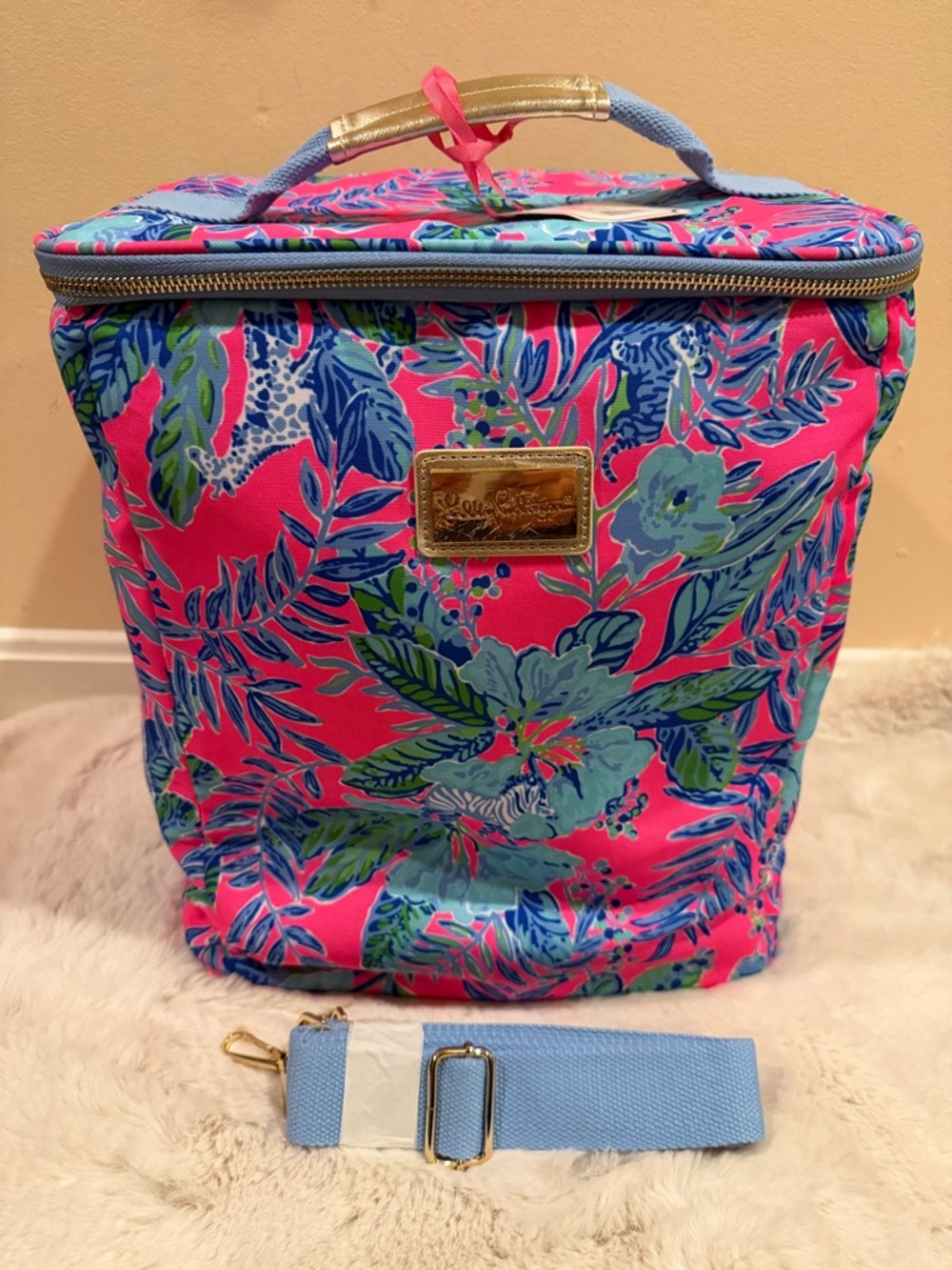 Lilly Pulitzer Pink Floral Travel Cosmetic Case with Blue Strap